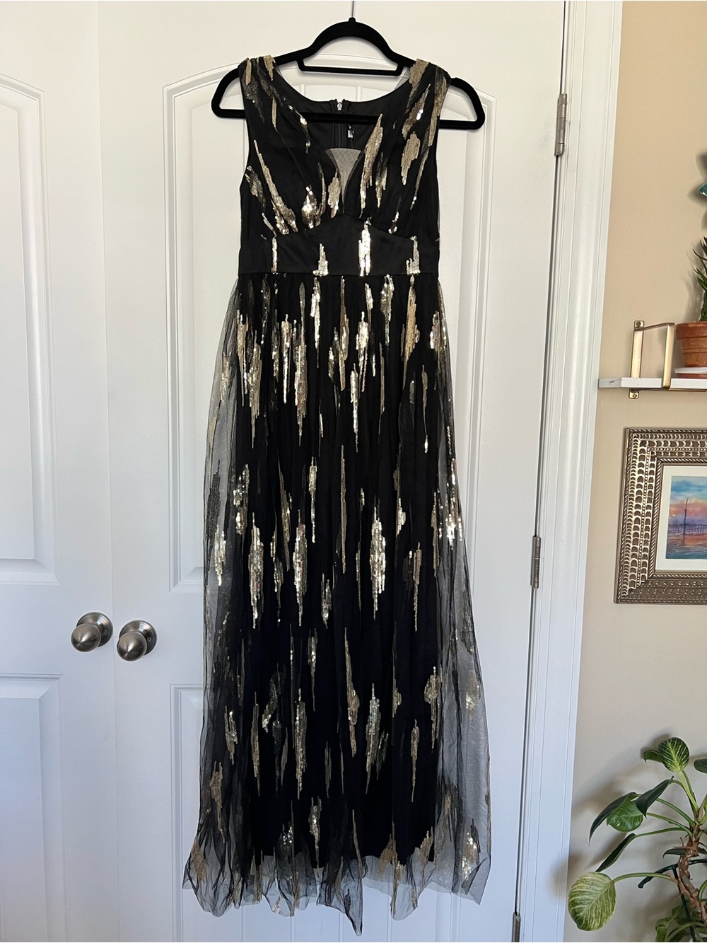 Giffniseti Black and Gold Sequin and Mesh Maxi Dress Glam Evening Gown Size S